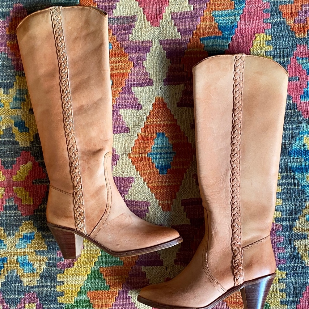 NEW Genuine Leather Tall Festival Boots Tan Brown Women's Low Heels Comfy